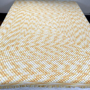 Vintage Handmade Crochet Knit Afghan Blanket Fringe 74"x80" Yellow Orange White